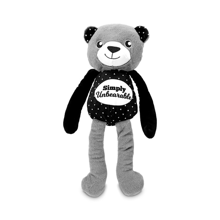 black and white stuffed dog toy