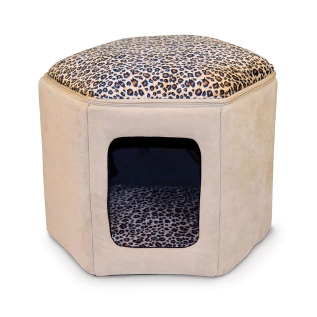 K&H Kitty Sleep House Cat Bed in Tan and Leopard Print, 17" L X 16" W X 13" H - Carousel image #1