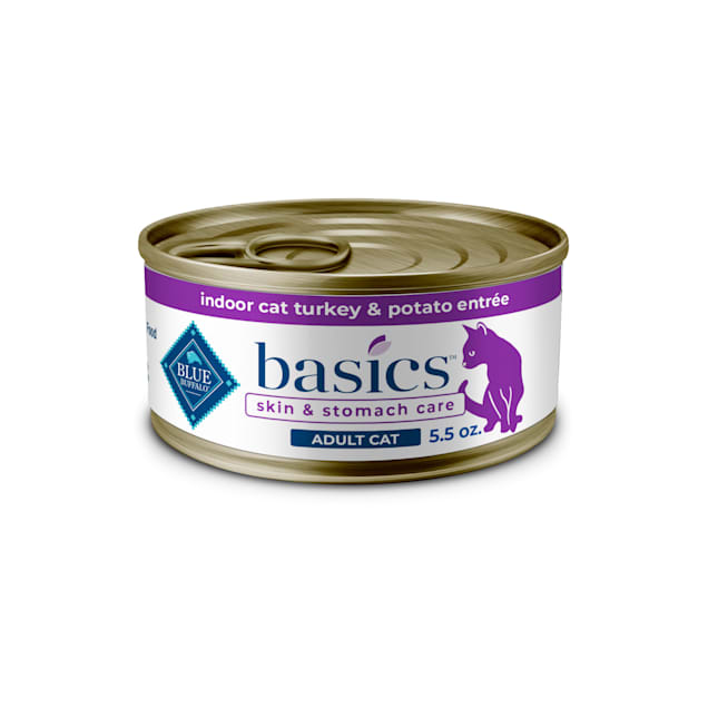 Blue Buffalo Blue Basics Skin & Stomach Care Natural Adult Grain Free Indoor Turkey Adult Pate Wet Cat Food, 5.5 oz. Case of 24 - Carousel image #1