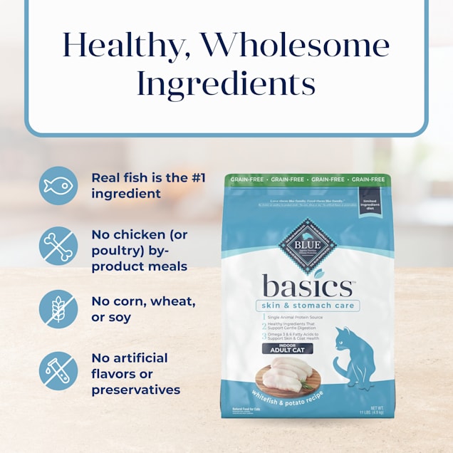Blue Buffalo Blue Basics Skin & Stomach Care Natural Adult Grain Free Indoor Fish & Potato Adult Dry Cat Food, 11 lbs. 2263390 center 6