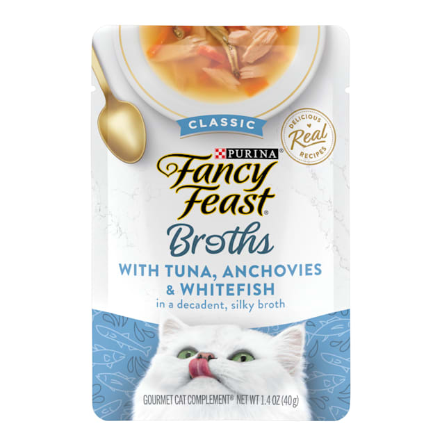 Fancy Feast Broths Classic Tuna, Anchovies & Whitefish Cat Food Complement, 1.4 oz., Case of 16 - Carousel image #1