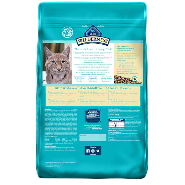 Blue Buffalo Wilderness Natural Adult High Protein Grain Free Indoor Hairball Control Chicken Dry Cat Food 11 lbs