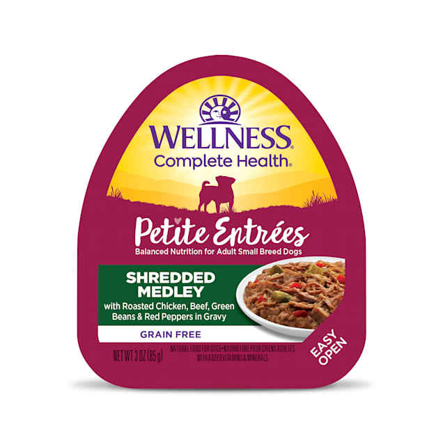 Wellness Petite Entrees Shredded Medley Grain Free Roasted Chicken, Beef & Veggies Wet Dog Food, 3 oz., Case of 12 - Carousel image #1