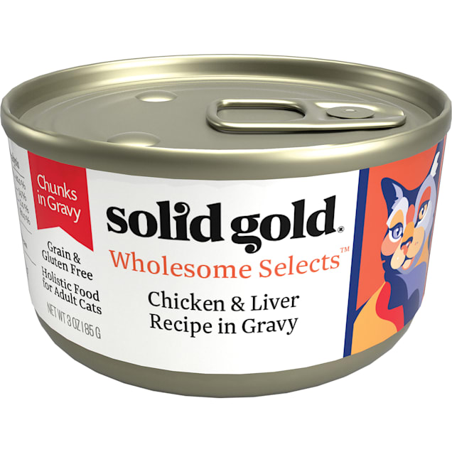 Solid Gold Wholesome Selects Chicken and Liver Recipe in Gravy Holistic Grain Free Canned Adult Cat Food, 3 oz., Case of 12 - Carousel image #1