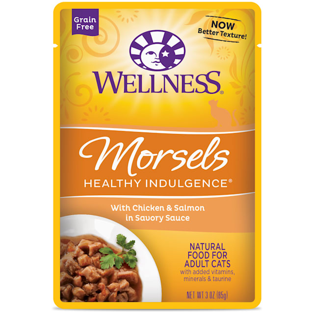 Wellness Healthy Indulgence Natural Grain Free Morsels With Chicken & Salmon in Savory Sauce Wet Cat Food, 3 oz., Case of 12 - Carousel image #1
