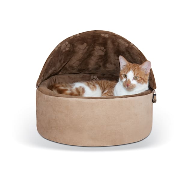 K&H Chocolate and Tan Self Warming Hooded Cat Bed, 16" L x 16" W Petco