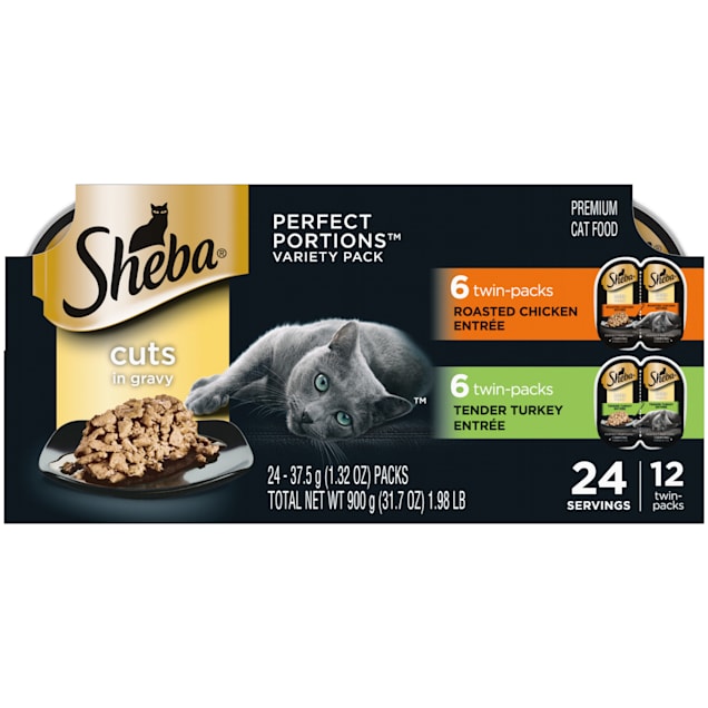 Sheba Perfect Portions Multipack Cuts in Gravy Roasted Chicken and Tender Turkey Entree Wet Cat Food, 2.64 oz., 12 Twin Packs - Carousel image #1