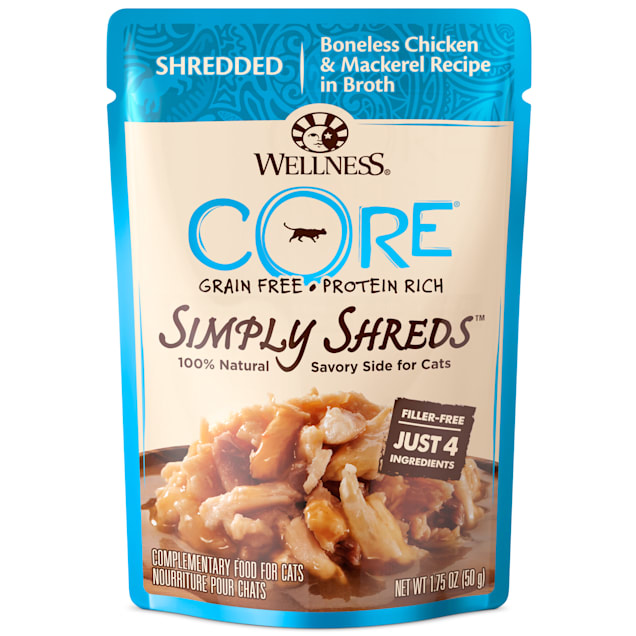 Wellness CORE Simply Shreds Natural Grain Free Wet Cat Food Mixer or Topper, Chicken and Mackerel, 1.75 oz., Case of 12 - Carousel image #1