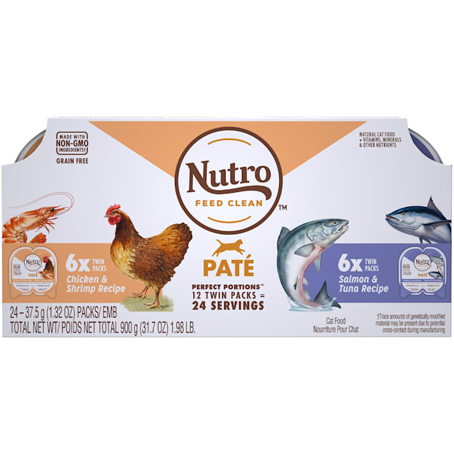 Nutro Perfect Portions Pate Multi-Pack Real Salmon & Tuna and Real Chicken & Shrimp Wet Cat Food, 1.98 lbs., Count of 12 - Carousel image #1