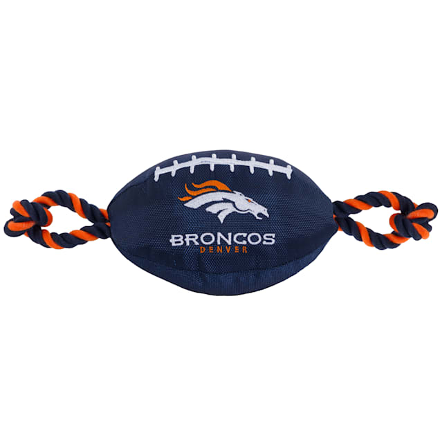 NFL Denver Broncos PET GIFT BOX with 2 Licensed DOG TOYS, 1 Logo-engraved  NATURAL DOG TREAT, 1 NFL JERSEY, 1 NFL Puppy Training Bells & 1 Car Seatbelt