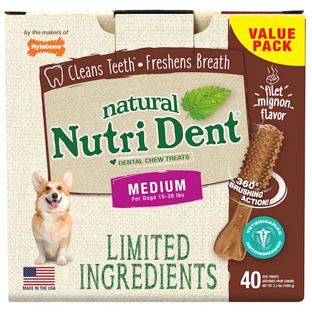 Nylabone Nutri Dent Limited Ingredients Medium Filet Mignon Dental Chews, 2.3 lb., Pack of 40 - Carousel image #1