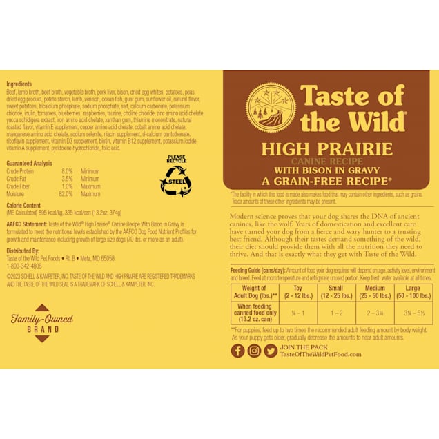 Taste of the Wild High Prairie Grain Free Canine Recipe Wet Canned Dog Food with Bison in Gravy 13.2 oz. Case of 12