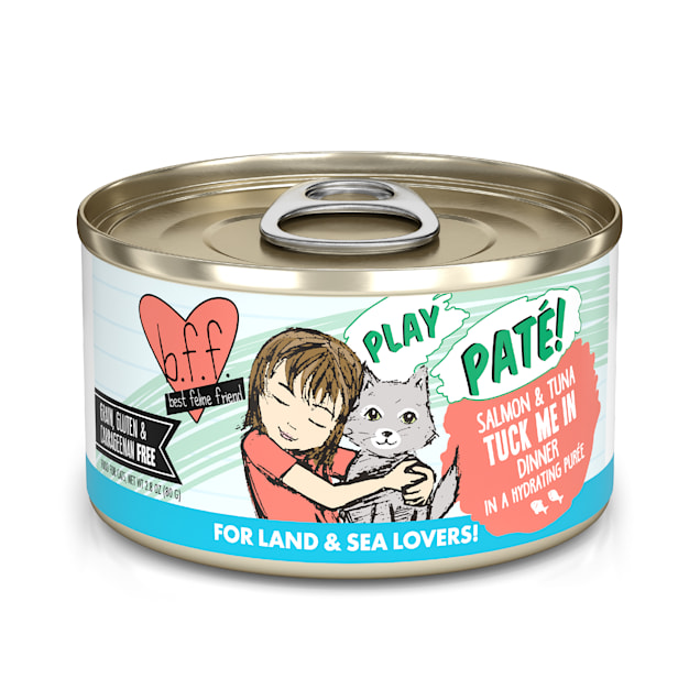 B.F.F. P.L.A.Y. Tuck Me In Salmon & Tuna Dinner in a Hydrating Puree Wet Cat Food, 2.8 oz., Case of 12 - Carousel image #1