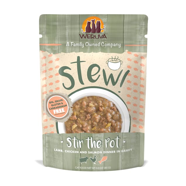 Weruva Stew! Stir the Pot Lamb, Chicken and Salmon Dinner in Gravy Wet Cat Food, 3 oz., Case of 12 - Carousel image #1