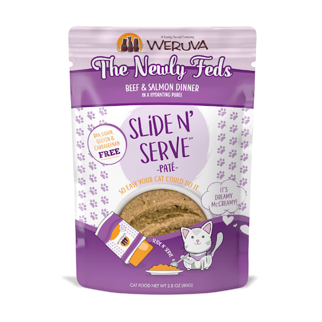 Weruva Pate The Newly Feds Beef & Salmon Dinner in a Hydrating Puree Wet Cat Food, 2.8 oz., Case of 12 - Carousel image #1