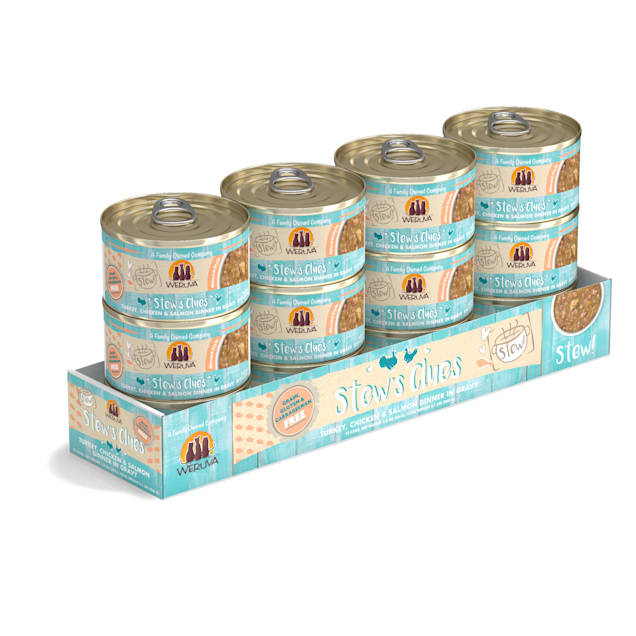 Weruva Stew Stew s Clues Turkey Chicken Salmon Dinner in Gravy Wet Cat Food 2.8 oz. Case of 12 Petco