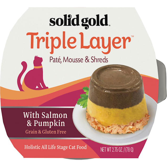 Solid Gold Triple Layer Wet Cat Food with Salmon & Pumpkin; Pate, Mousse and Shreds, 2.75 oz., Case of 6 - Carousel image #1