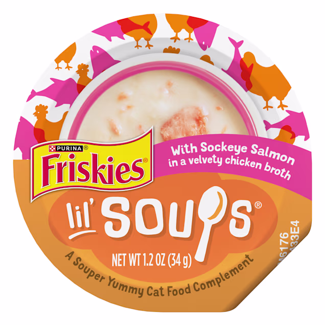 Purina Friskies Grain Free Lickable Cat Food Toppers Lil' Soups with Sockeye Salmon in Chicken Broth, 1.2 oz. - Carousel image #1