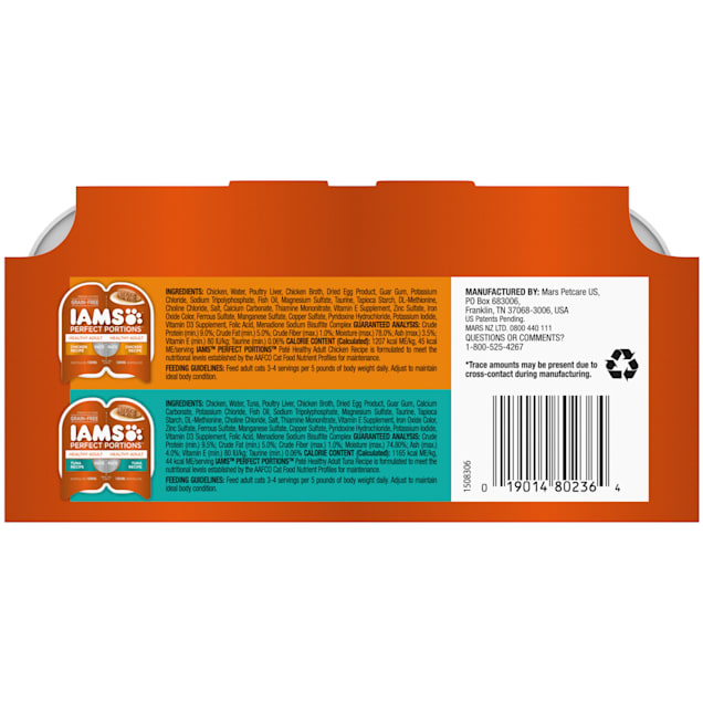 IAMS Perfect Portions Healthy Adult Grain Free Chicken and Tuna Recipe Wet Cat Food Pate Variety Pack, 2.64 oz., Count of 12 | Petco