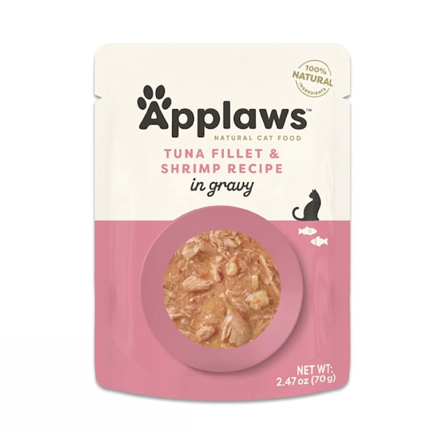 Applaws Natural Tuna Flakes with Shrimp in Gravy Wet Cat Food Pouch, 2.47 oz., Case of 12 - Carousel image #1