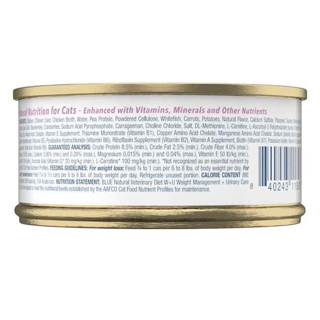 Blue Buffalo Natural Veterinary Diet W U Weight Management Urinary Care Canned Wet Cat Food 5.5 oz. Case of 24