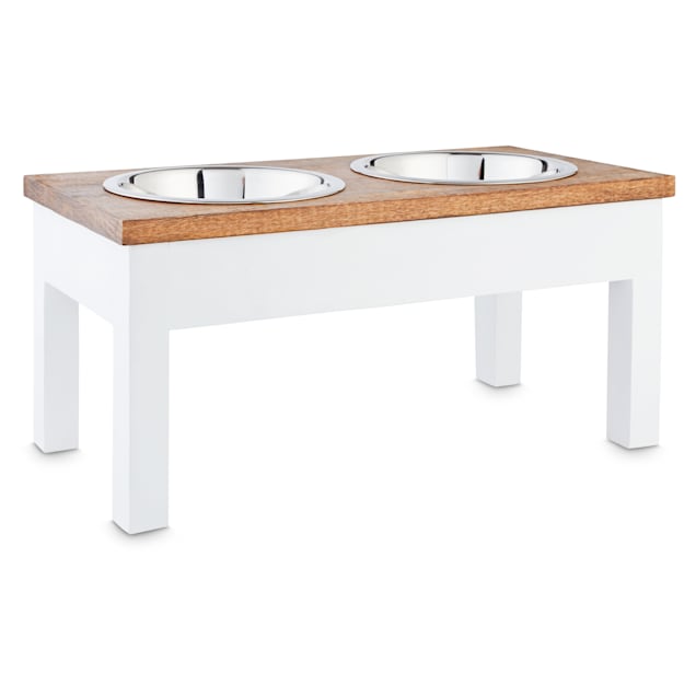Harmony White Wood Elevated Double, Wooden Dog Bowls Feeders