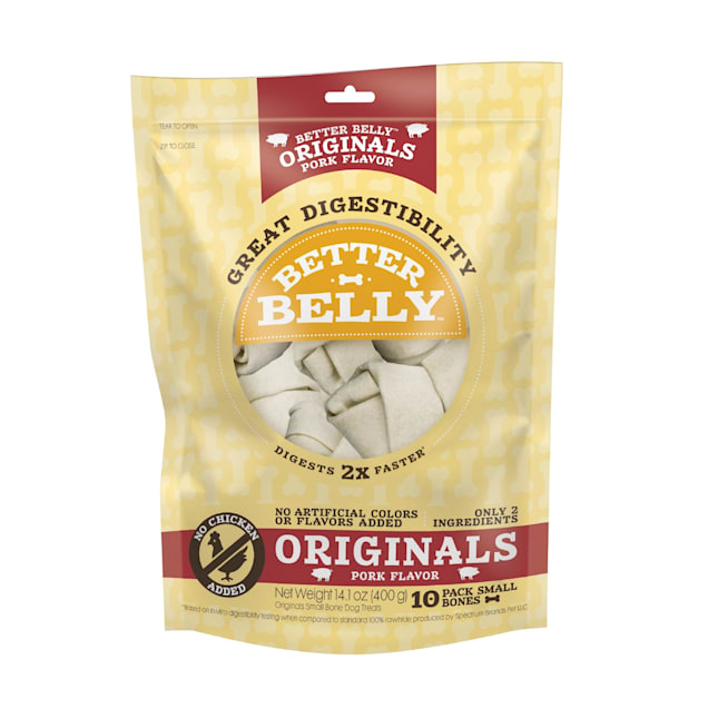 Better Belly Originals Pork Flavor Great Digestibility Rawhide Small Bones Dog Treats, 14.1 oz., Count of 10 - Carousel image #1