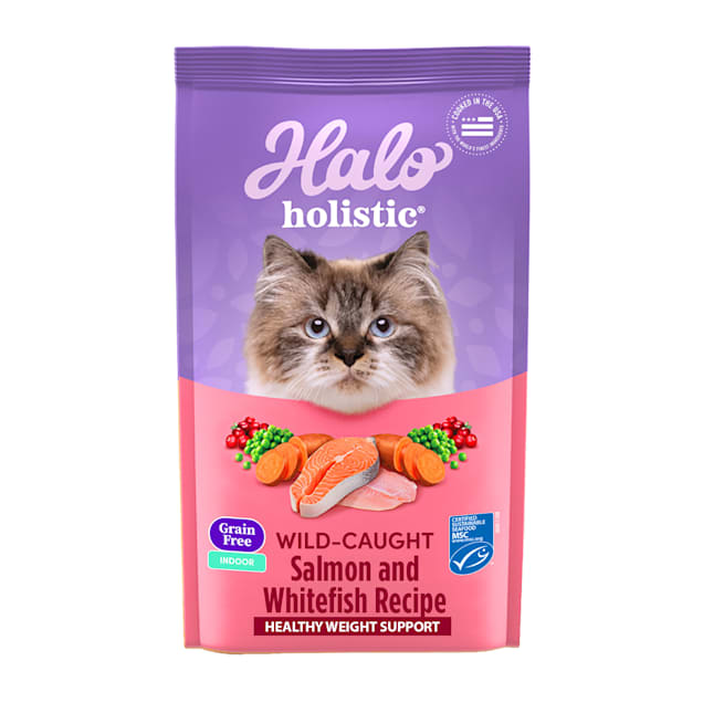 Halo Holistic Complete Digestive Health Indoor Grain Free Wild caught Salmon Whitefish Recipe Adult Dry Cat Food 10 lbs