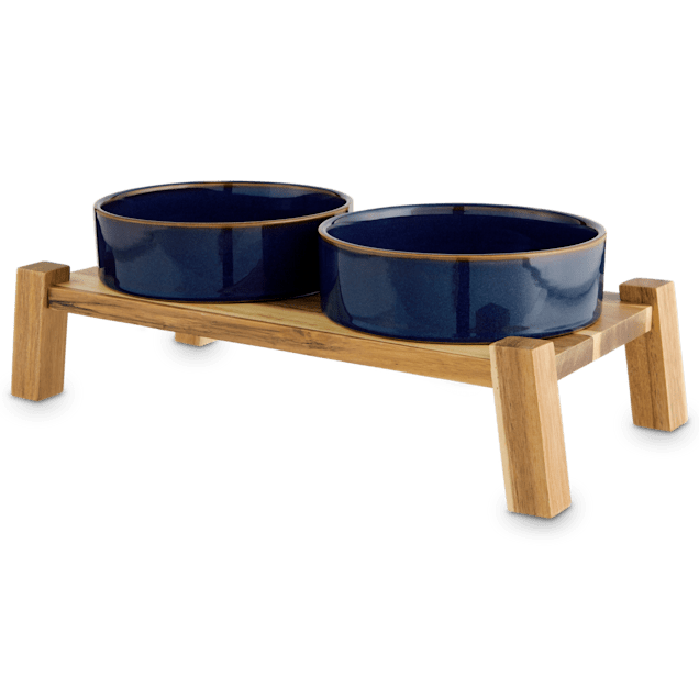 Reddy Indigo Ceramic Wood Elevated Double Diner for Dogs 3.8
