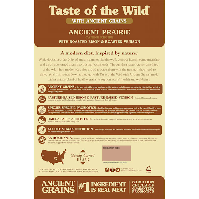 Taste of the Wild Ancient Prairie with Roasted Bison Roasted Venison and Ancient Grains Dry Dog Food 28 lbs. Petco