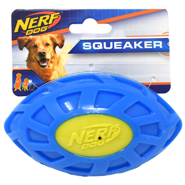 Nerf Blue/Green TPR EXO Squeak Football Dog Toy, Small - Carousel image #1