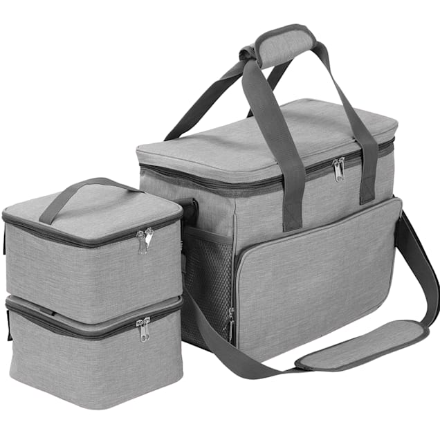 Kopeks Cat and Dog Gray Travel Bag Includes 2 Food Carriers, 2 Bowls and Place mat, 15.5" L X 9" W X 15.5" H - Carousel image #1