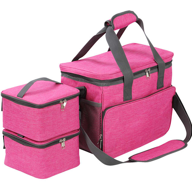 Kopeks Cat and Dog Pink Travel Bag Includes 2 Food Carriers, 2 Bowls and Place mat, 15.5" L X 9" W X 15.5" H - Carousel image #1