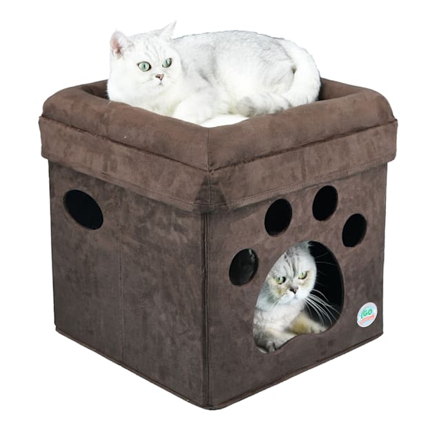 Go Pet Club Brown Paw Print Comfy Cat Cube Bed, 16" L X 16" W X 16.5" H - Carousel image #1