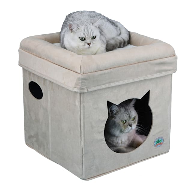 Go Pet Club Beige Cat Face Comfy Cube Bed, 16" L X 16" W X 16.5" H - Carousel image #1
