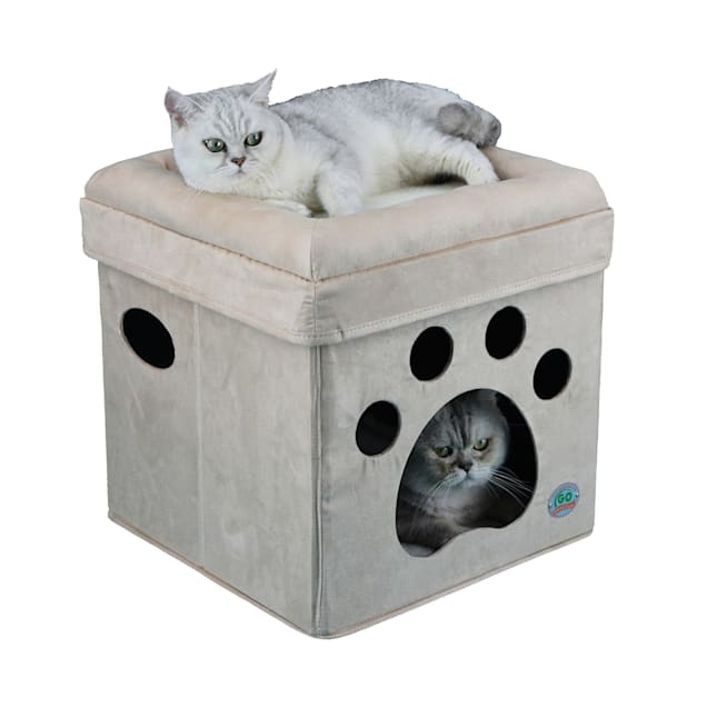Go Pet Club Beige Paw Print Comfy Cat Cube Bed, 16" L X 16" W X 16.5" H - Carousel image #1