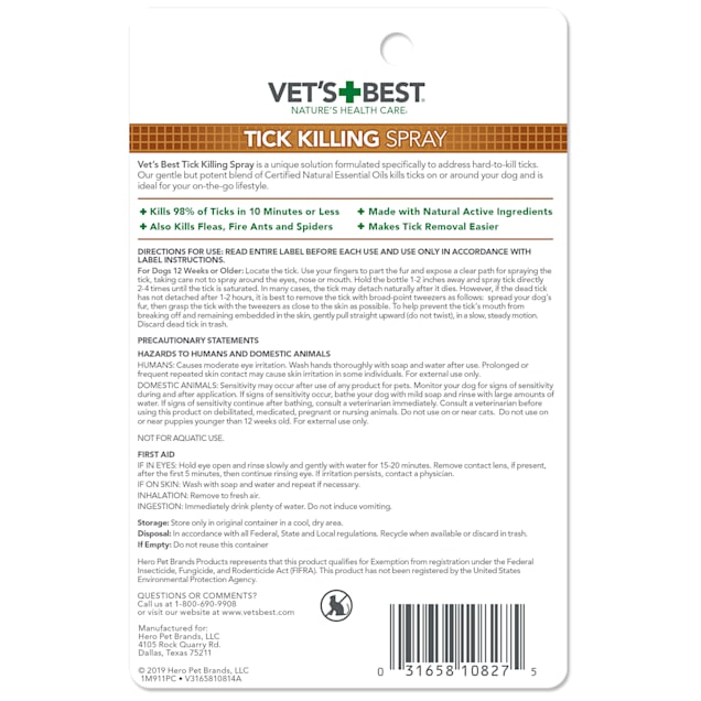 Vet s Best Tick Killing Spray Plant Based Formula for Dogs and Puppies 1 fl. oz