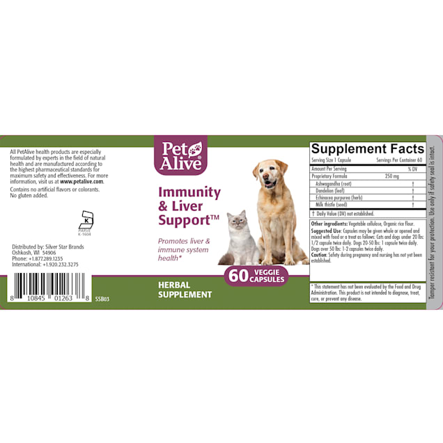 PetAlive Immunity and Liver Support Veggie Capsules Herbal Supplement for  Dogs, Count of 60