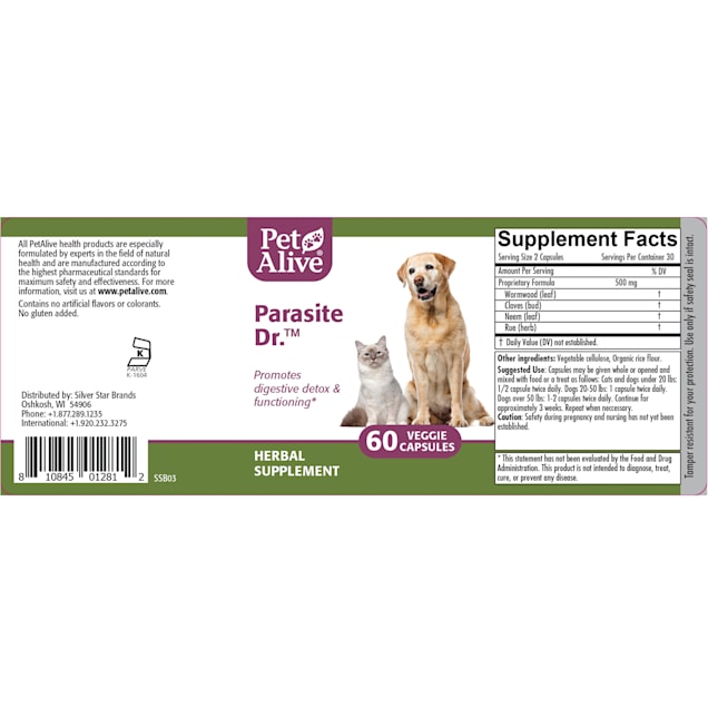 PetAlive Parasite Dr. Veggie Cap Herbal Supplement For Digestive Functioning and Detoxification Pet Tablets Count of 60