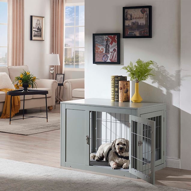 Unipaws Gray Wooden End Table Dog Crate, Dog Crate Coffee Table Large