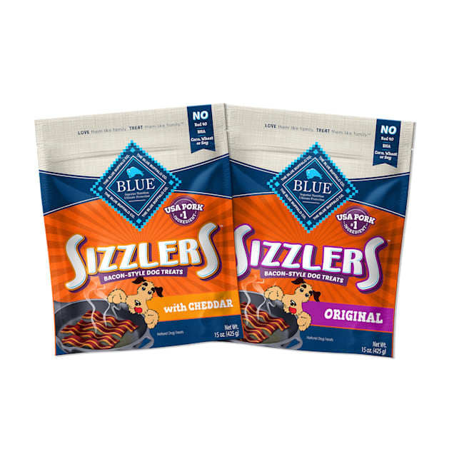 Blue Buffalo Sizzlers Natural Pork & Cheddar Bacon-Style Soft-Moist Dog Treats Variety Pack, 15 oz., Count of 2 - Carousel image #1