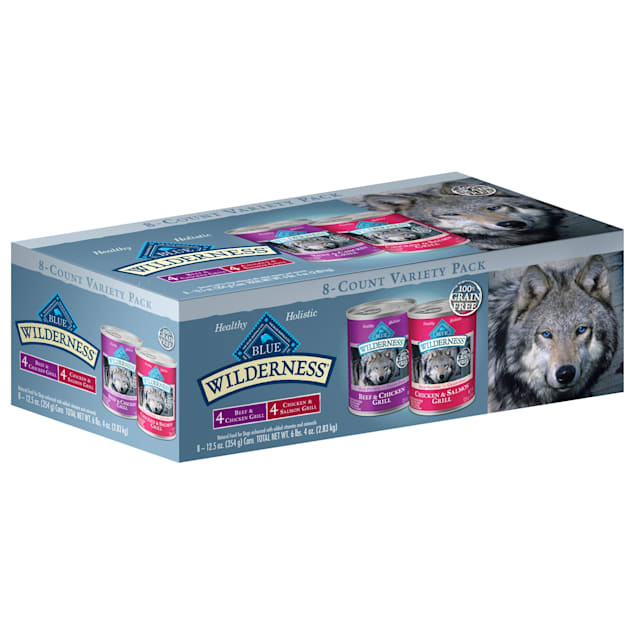 Blue Buffalo Blue Wilderness Grain Free Beef & Chicken, Chicken & Salmon Grill Variety Pack Wet Dog Food, 12.5 oz., Count of 8 - Carousel image #1