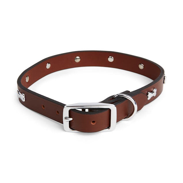 YOULY The Rebel Brown Leather Bone Stud Dog Collar, Medium