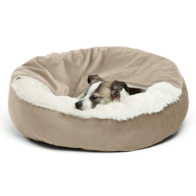 Best Friends by Sheri Jumbo Wheat Cozy Cuddler Hooded Cat and Dog Bed in Ilan Microfiber, 27" L X 27" W - Carousel image #1