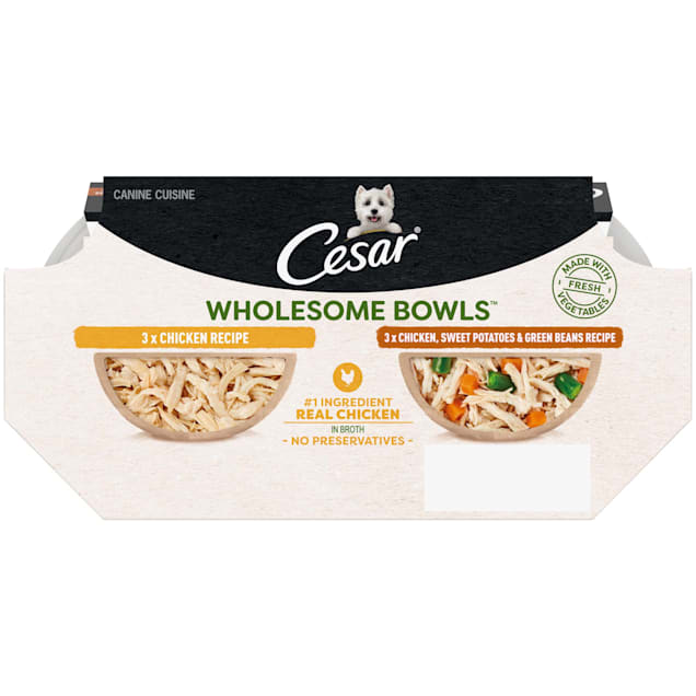 Cesar Wholesome Bowls Chicken Sweet Potato Green Beans Recipe Adult Soft Wet Dog Food Toppers Variety Pack 3 oz. Pack of 6