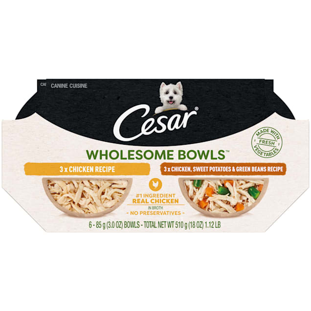 Cesar Wholesome Bowls Real Chicken in Broth Adult Soft Variety Pack Wet Dog Food, 3 oz., Pack of 6 - Carousel image #1