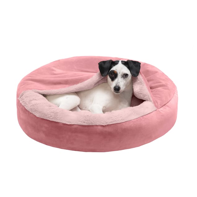 FurHaven Soft Pink Velvet & Wave Fur Hooded Donut for Dogs, 24" L X 24" W X 7" H - Carousel image #1