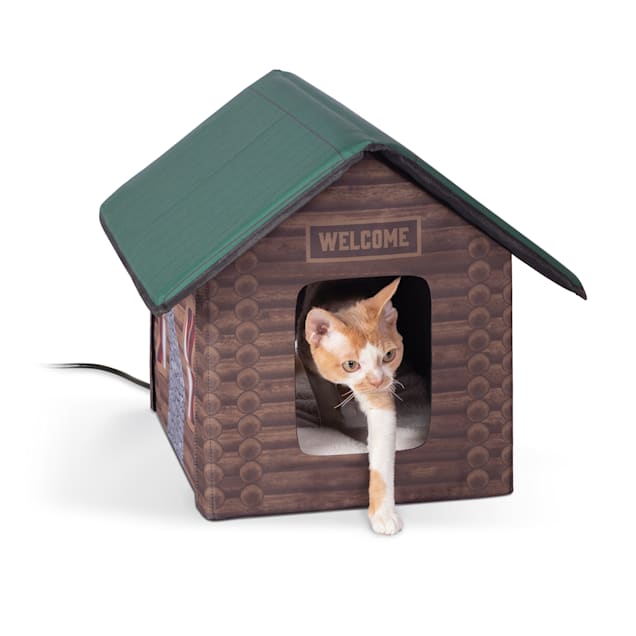 K&H 20W Heated Outdoor Kitty House Log Cabin Design Cat Bed, 18" L X 22
