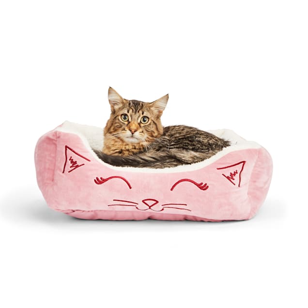 EveryYay Snooze Fest Pink Cat Face-Embroidered Rectangle Lounger Cat Bed, 18" L X 15" W X 6" H - Carousel image #1