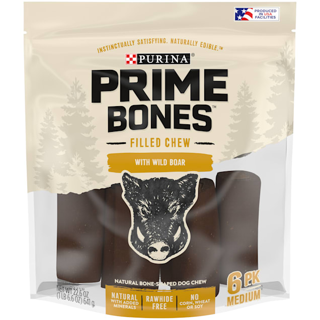 Purina Prime Bones Filled Chew With Wild Boar Natural Bone-Shaped for Medium Dogs, 22.6 oz., Count of 6 - Carousel image #1